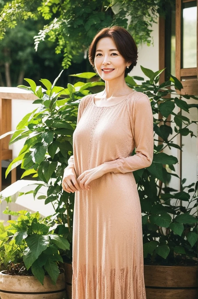 Create a high-resolution illustration of a beautiful mother in her 50s, Designed to express her elegance and elegance with the highest quality and photorealistic details. She must embody age-appropriate mature beauty, With a bright smile and a warm feeling, Fascinating presence, Rendered with great attention to detail. She’s wearing a light, flowy dress, Exposing breasts, (arms behind back),Her outfit should reflect her sophisticated style, The perfect balance of sophistication and comfort, symbolizing a rich and fulfilling life.. The background should be of photographic quality and complement her persona, perhaps highlighting her nurturing spirit、Perhaps it depicts a cozy home or a peaceful outdoor environment, This illustration、As well as her physical beauty、Aims to show the depth of character and wisdom she has acquired, Achieve a level of detail that makes your artwork indistinguishable from high-quality photographs.