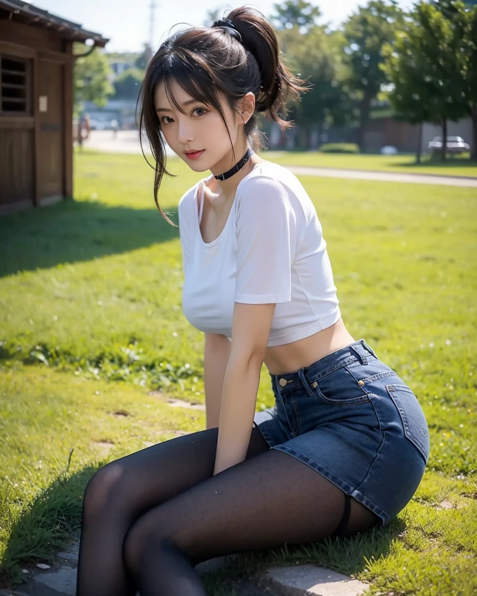 Beautiful Japanese waifu, early 30s, brunette hair, white cropped top, jeans mini skirt