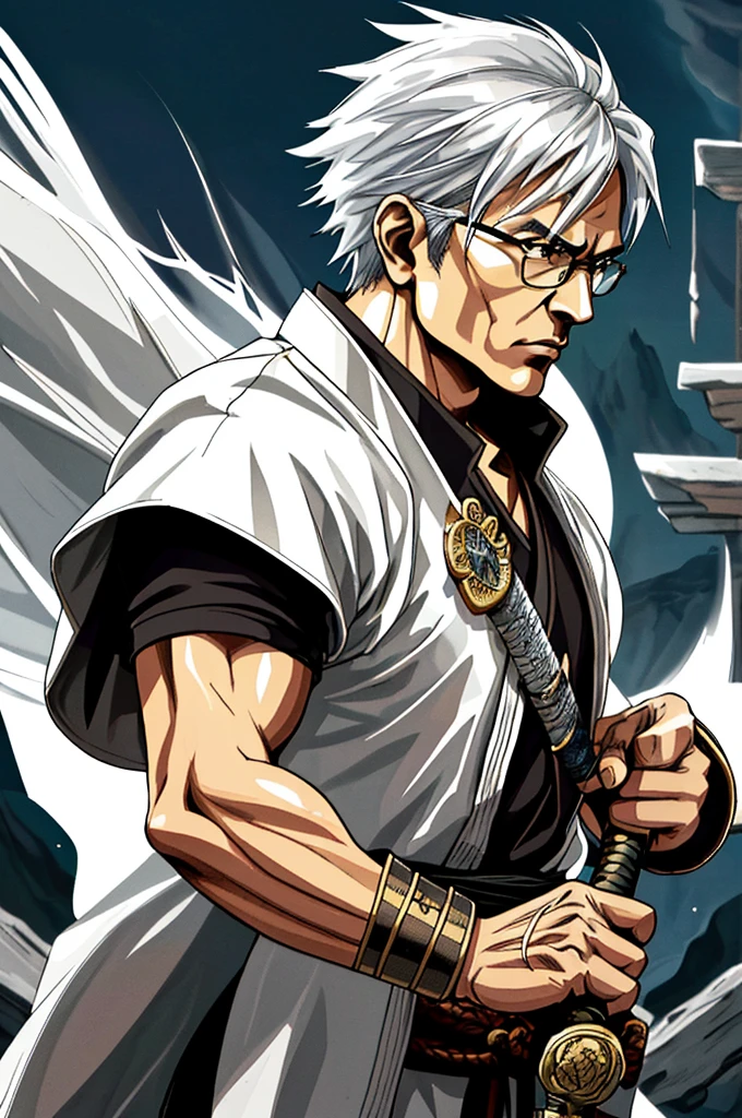 Highest quality，High resolution，((Bhumibol Adulyadej)) ，（Pathet Thai），Fist of the North Star，samurai，One person，warrior，armor，（white_coat），male，One personで，elderly，（Glasses），Swordsman，strongest，Anime Style，(Limbs)，(Full Finger)，(Accurate fingertips), (The finer details), (Super detailed)，(Japanese sword:)，4K，(high resolution)，whole body, (Front angle), Looking at the camera,masterpiece，(Subtle details)，(Intricate details)，Octane Rendering，(Hyper Detail)，