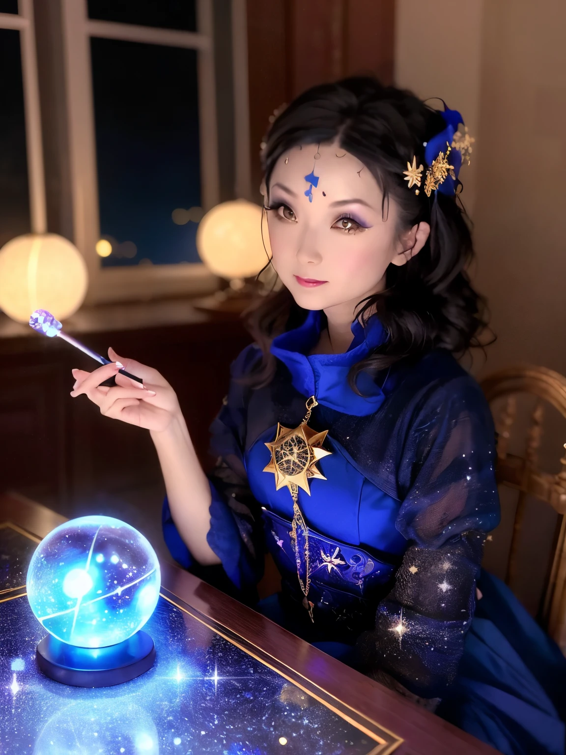 1 Girl, 独奏, (astrologer), (Circlet),blue costume, Cane, magic,
mysterious, Fantasy, grace, calm, Silence, intellectual, Ancient, Beyond time and space, dream, Aura,
Dark eyeshadow, Star shaped glitter, Sparkling Highlights, Rich Lip Color, Smokey Eye, Mysterious eyeliner, 
Crystal ball on table, The night view outside the window,
An astrologer holds his hand over a crystal ball and peers into the future,
Light in the ball, Fantasy Fog, A star chart emerges