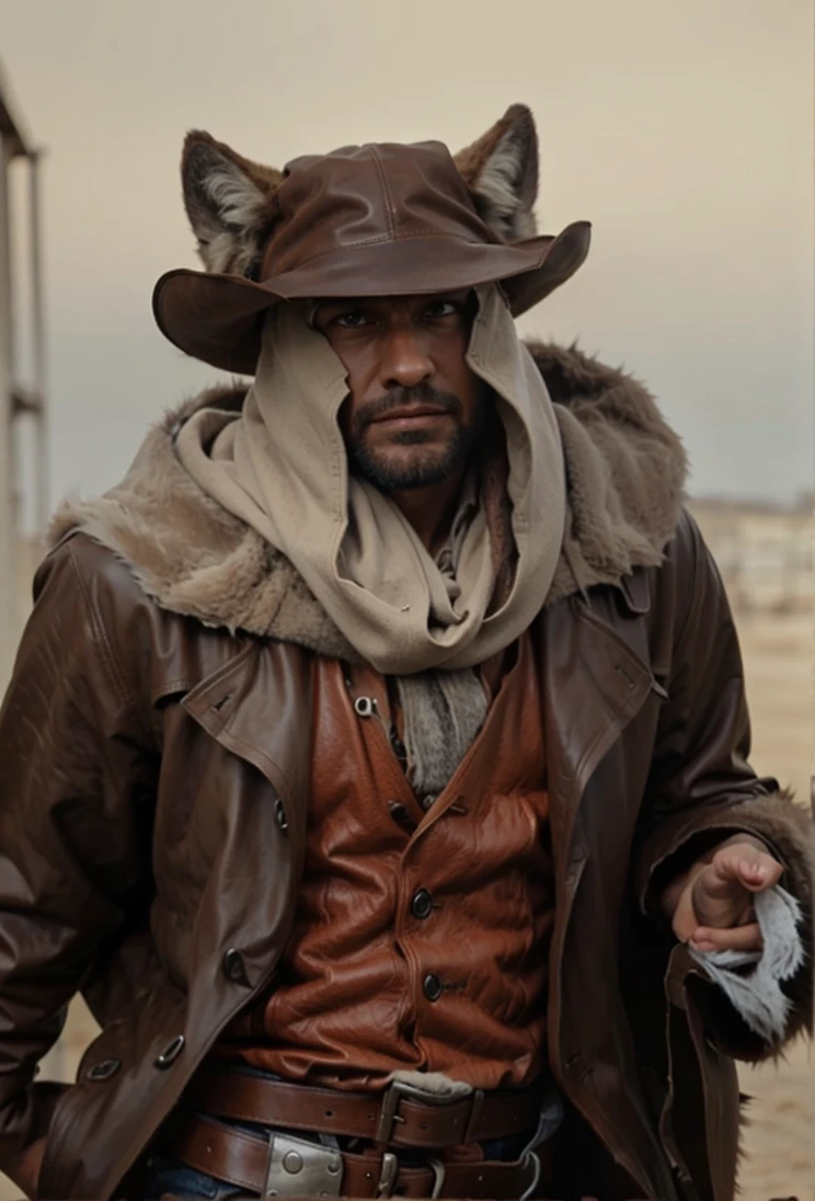 Wolf man cowboy in a brown leather trench coat