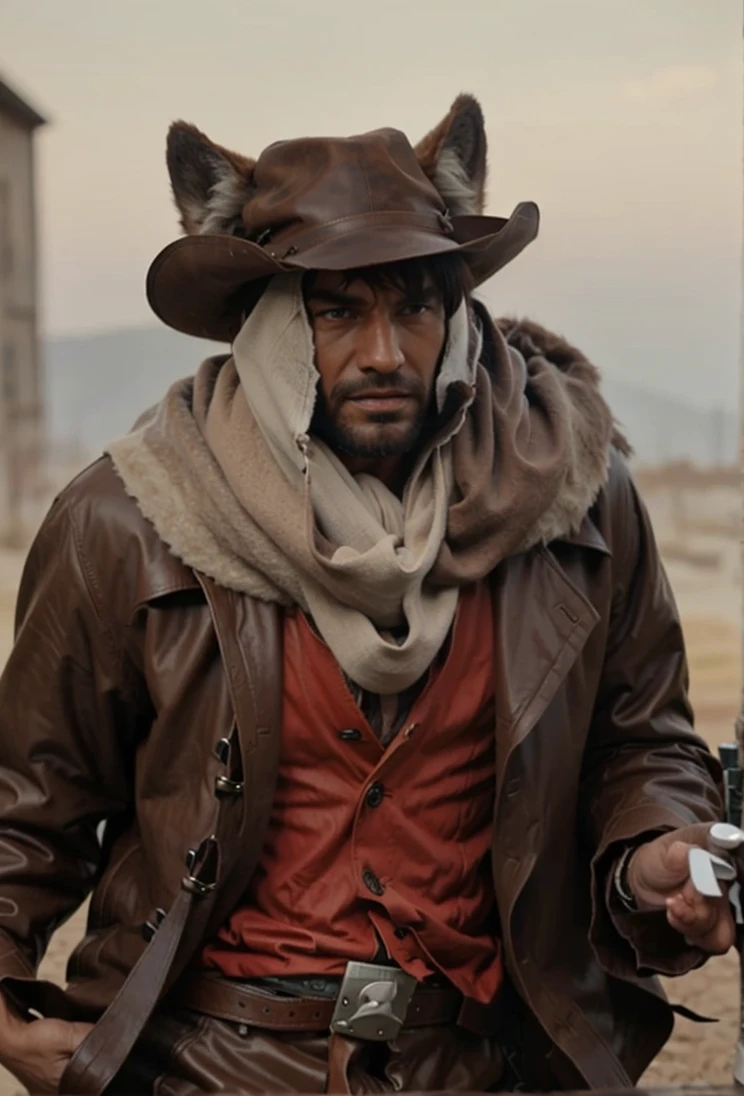 Wolf man cowboy in a brown leather trench coat 