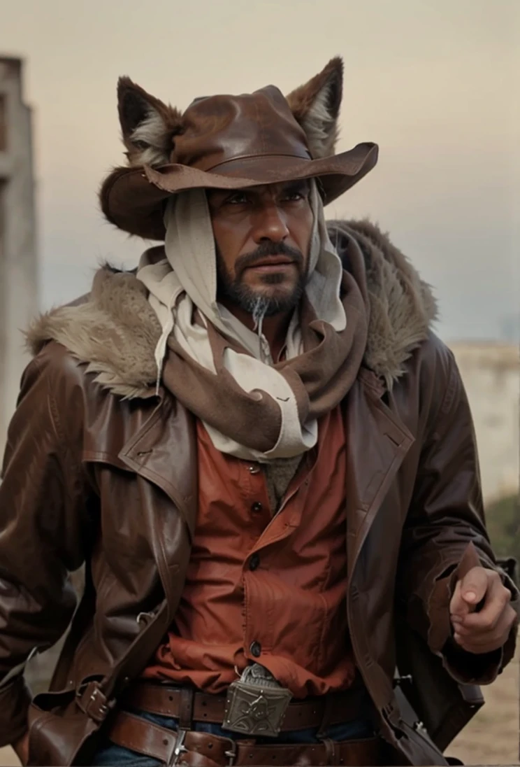 Wolf man cowboy in a brown leather trench coat 