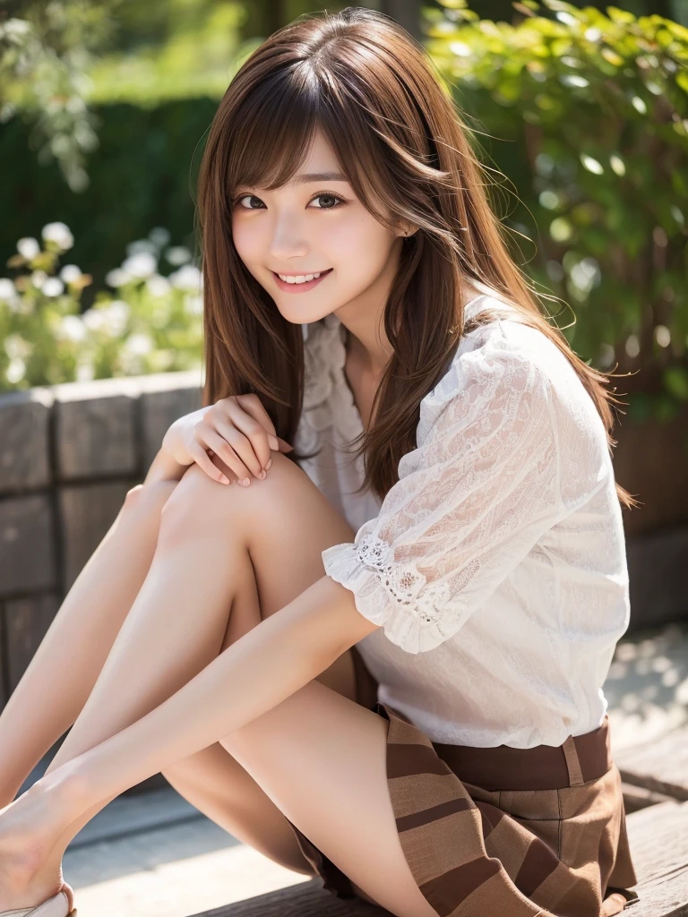 Tabletop、supreme beauty、masterpiece, 1 girl, solo, (blouse:1.2),(squat),(skirt:1.3),(panties:1.3 (Stock Emphasis;1.3)、Slender、Natural light、 Attention to detail, Depth of written boundary, 135mm, Textured skin, Super detailed, high quality, Awards, 最high quality, High resolution, 8K, White skin,Brown Hair、Cute face、Random facial expressions、 Beauty、Age 25、Per capita in Japan、Correct skeleton、Random Hairstyles、(Open your legs a little:1.2)、(Facing forward),smile、Beautiful inner thighs