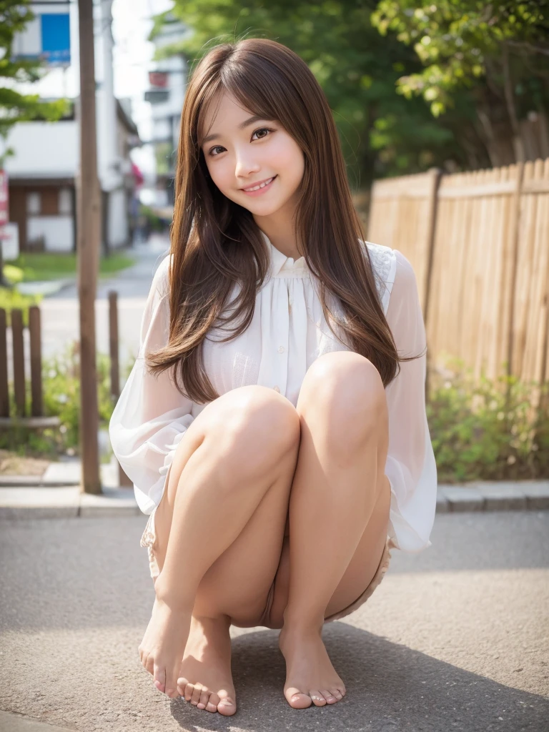 Tabletop、supreme beauty、masterpiece, 1 girl, solo, (blouse:1.2),(squat),(skirt:1.3),(panties:1.3 (Stock Emphasis;1.3)、Slender、Natural light、 Attention to detail, Depth of written boundary, 135mm, Textured skin, Super detailed, high quality, Awards, 最high quality, High resolution, 8K, White skin,Brown Hair、Cute face、Random facial expressions、 Beauty、Age 25、Per capita in Japan、Correct skeleton、Random Hairstyles、(Open your legs a little:1.2)、(Facing forward),smile、Beautiful inner thighs