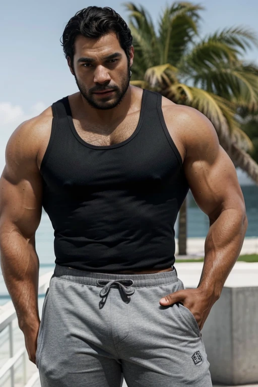 A Hispanic black man with a face that looks like Henry Cavill. black man, His body is muscular and he has a toothed beard.. Big Butt, in a moment of reflection. full body. Tank top Fajada shirt, semi formal clothing, grey pants, backside.