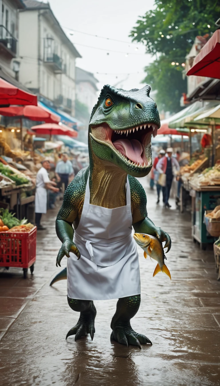A still of a little dinosaur that just stole a fish from a fish store, Dinosaur escapes in the market,There is a vegetable shop owner in a white apron chasing behind me.,Shallow depth of field, Vignette, Very detailed, High Budget, Bokeh, Widescreen, epic, Gorgeous, Film Grain, Granular,The boss had a funny panic expression on his face.,Dinosaur chased by fishmonger. This fish looks silvery.,Medium size. In the background, fishmonger shouts at dinosaurs. The scene is a street in an open-air market, There are stalls and people walking. photo, Wet film, 4K, 8K ,Ultra HD