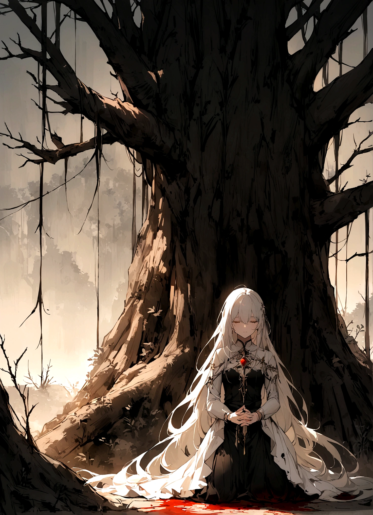 God's son,befall,(The background is the decaying earth,Dead Tree),Kneeling on the ground,pray,cry,Tears,Long hair,(Damaged clothing),Divine Light,White feather,Blood,The light of redemption