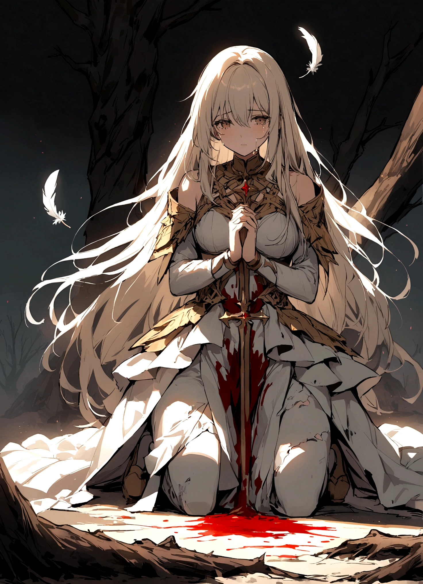 God&#39;s son，befall，(The background is the decaying earth,Dead Tree)，Kneeling on the ground，pray，cry，Tears，Long hair，（Damaged clothing），Divine Light，White feather，Blood，The light of redemption