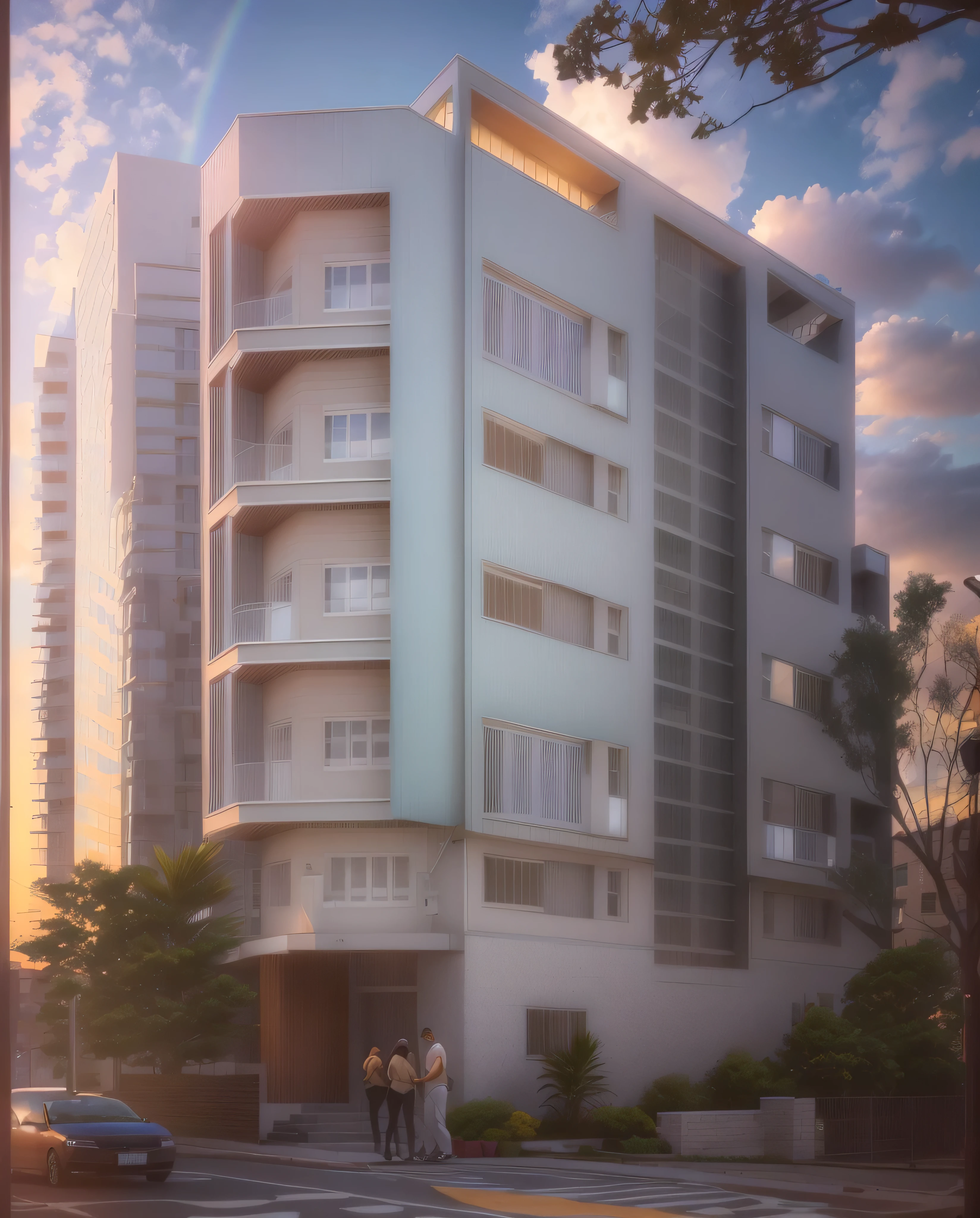 rendering of a two story apartment building with a rainbow in the background, residential, building facing, full building, precise architectural rendering, architectural rendering, multistory building, single building, fully built buildings, architectural 3 d render, high quality rendering, architectural visualization, architectural render, realistic building, rendering, quality rendering, 2 d cg, perspective view, exterior view