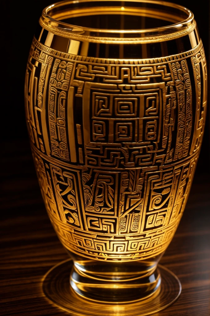 
vase "Wake - **form**: Medium and elegant, suitable for spirits.

- **Decor**: Mayan symbols engraved around the glass, with gold details that highlight the engravings.
