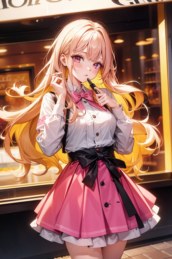 1girl, masterpiece, highquality, yellow hair, pink eyes, ong hair, cute outfit, skirt, cute pose, magazine, long hair, model, holding lipstick