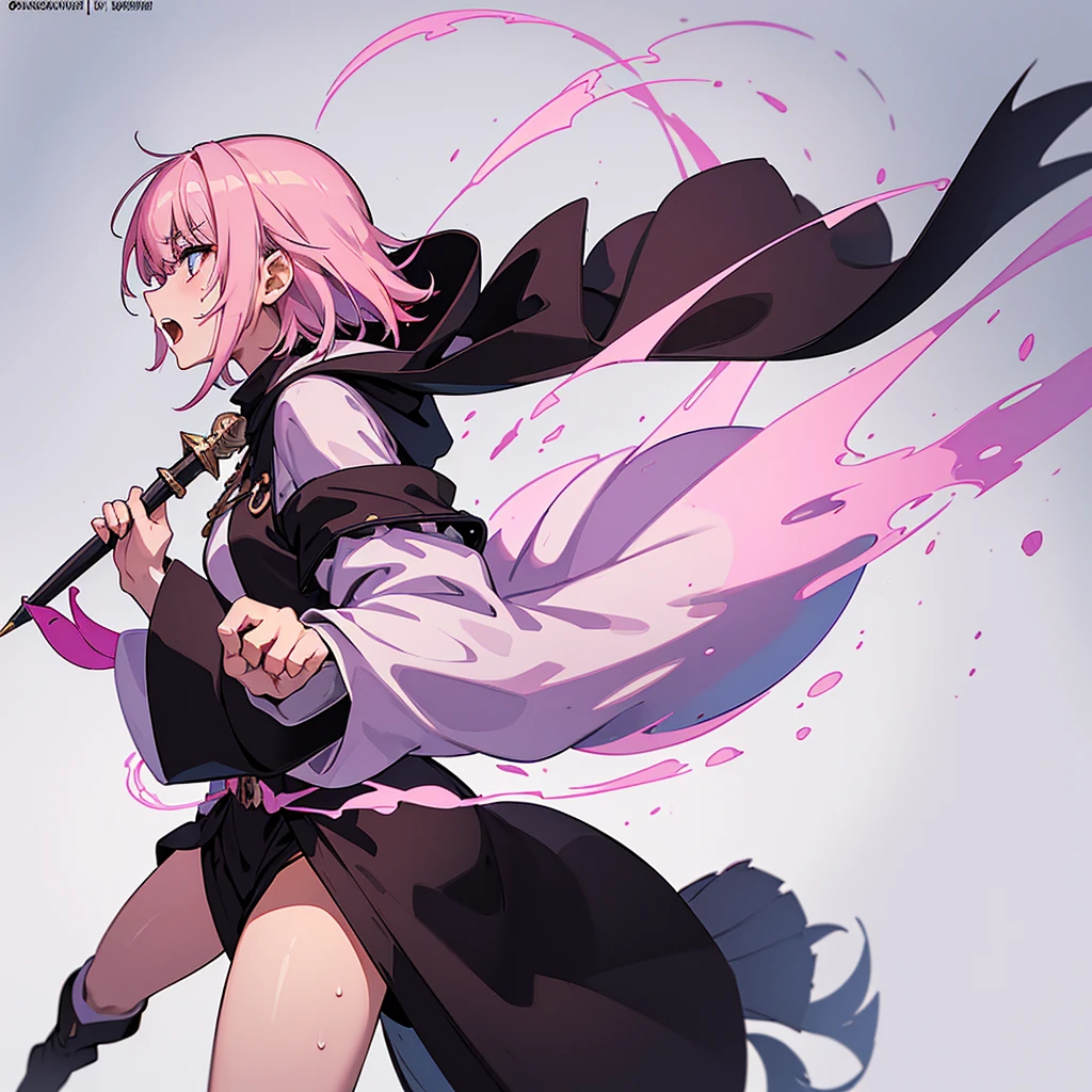 (Full body character concept)、Best illustrations、Best Quality、(Solo、23 years old)、(The same face:1.1),Medieval Fantasy、Magic wand,(White Background)、(Pink Hair、Very Short Hair、Align your bangs)、(Black hood、Long sleeve、Black Robe、pants、Knee-high boots)、(From the side、profile)、Run、(get annoyed、Open your mouth、Sweat)