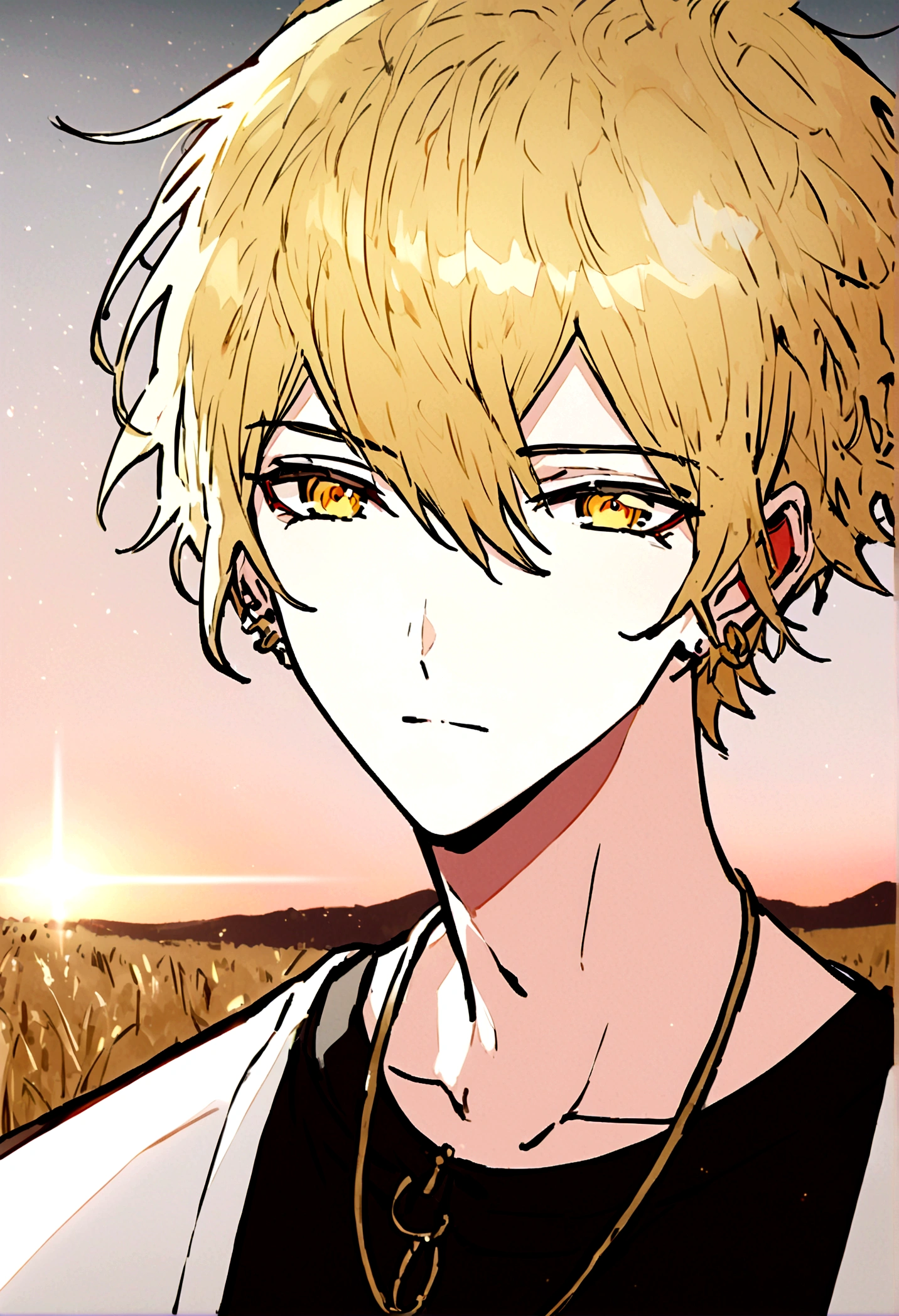 Anime male, gold eyes, gold hair, golden earrings, black thick clothing shirt, black pants, best quality, cool, sunset, wheatland, golden necklace capsule, neutral face