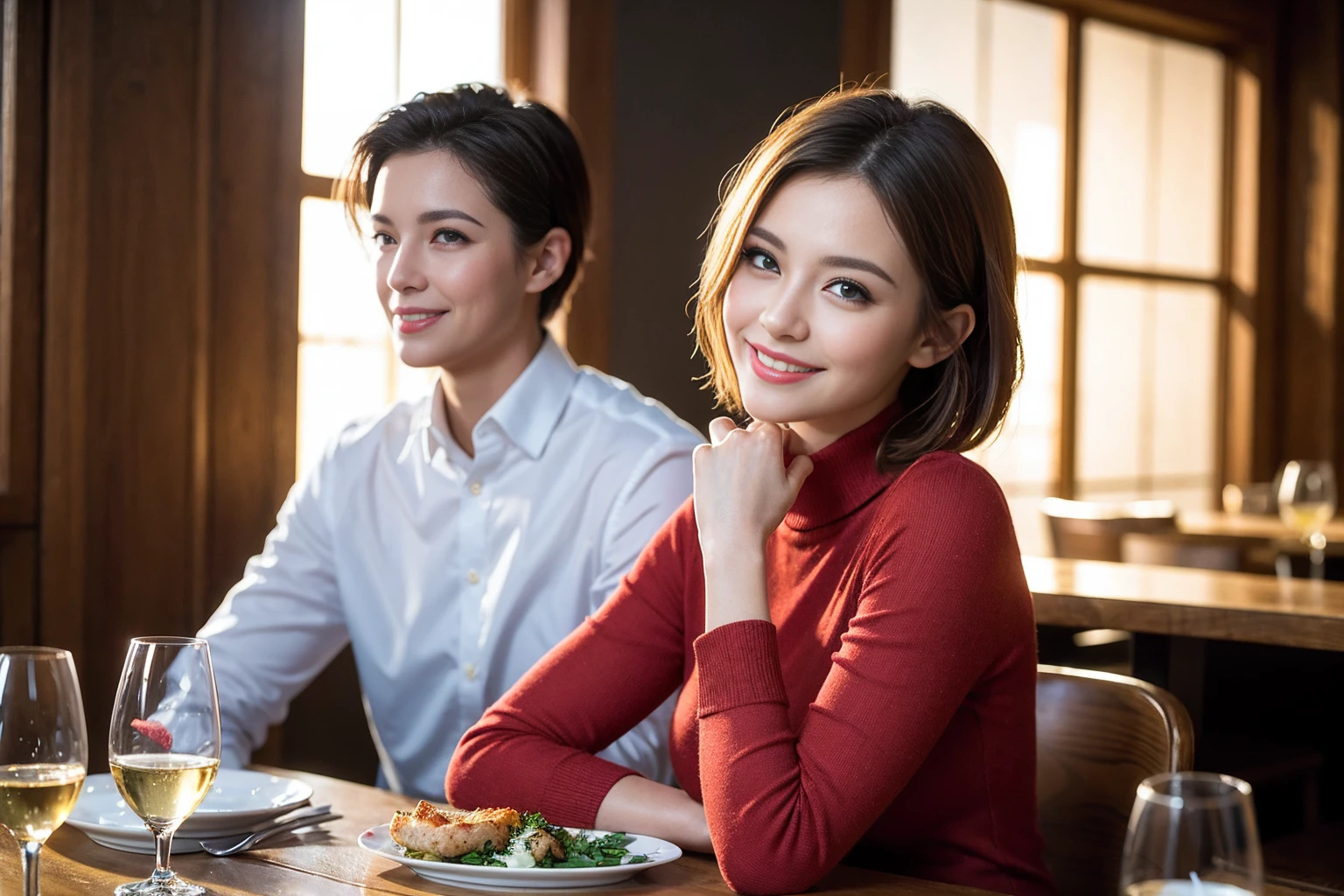 ((Highest quality、8K、masterpiece:1.3))、slimカップル、modelカップル、(Realistic, Intricate details:1.2), full-course dinner、Wine Party、Amazing view of the sunset sky and clouds、A bright smile、The wonderfulness of smile、Bright image、The beauty of wine, Beautiful Face, blue eyes, The light shines on your face, Blushing, short hair,Bright Face、 (Age 37), 39 years old, red wine 、Appetizers、Italian food、Wine bottle、Champagne、sparkling wine、Two beauties、Brown Hair、Shortcuts、Long sleeve shirt、dress、Beautiful woman 1, (slimな顔), (The body is slim), (Brown Hair), (Shortcuts), cheeks turn a little red,Attractive beauty、restaurant, In a prominent place (From the waist up) Nova Frog Style, actress, model, Upper Body, White wine, slim, wine glass, 中央に置かれたwine glass, smile, (smile: 1.15), Beautiful fine grain, Depth f/2,saturation, High Contrast, Strong light and shadow,Moist Body:1.5、3D texture、Delicate eyes、Brown Hair、The hair is very shiny、