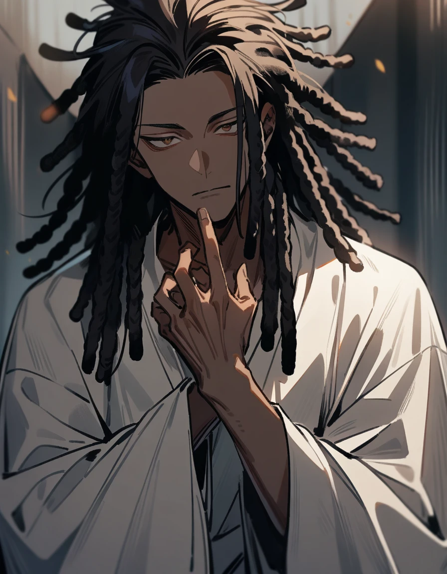 (1boy,jujutsu kaisen) solo, blunt in hand, jesus robes (brown skin color), messy look, black hair, ((dreadlock hairstyle)), brown eyes, masterpiece, best quality, high quality, upper body, male focus, eye bags