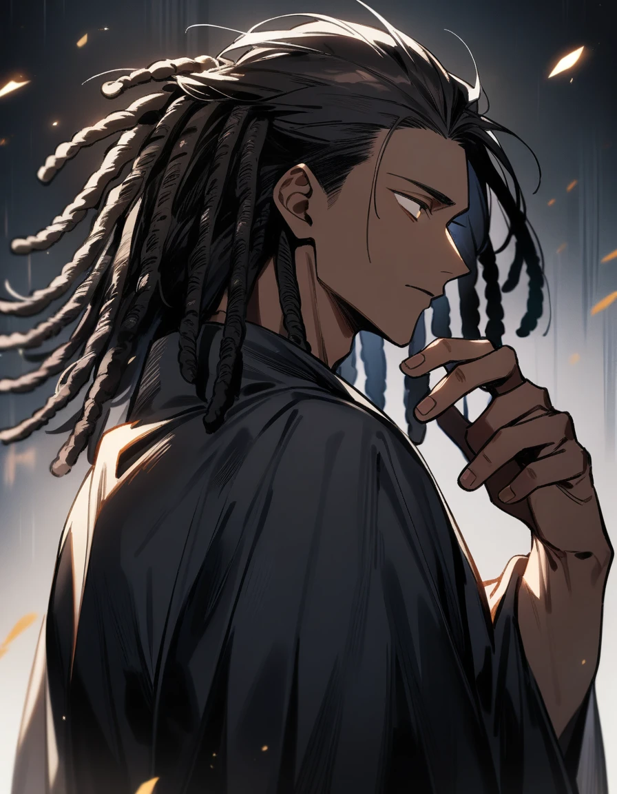 (1boy,jujutsu kaisen) solo, blunt in hand, jesus robes (brown skin color), messy look, black hair, ((dreadlock hairstyle)), brown eyes, masterpiece, best quality, high quality, upper body, male focus, eye bags