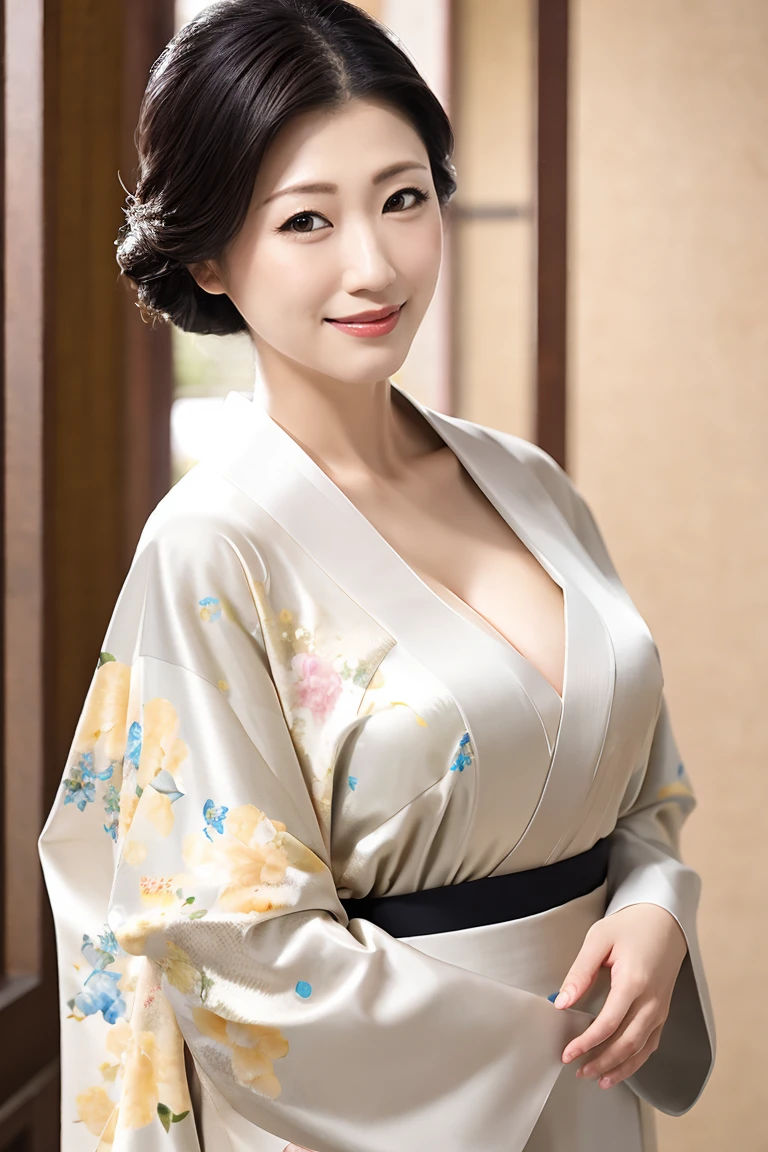 (Highest quality、Tabletop、8K、Best image quality、Award-winning works)、(1 Beautiful Mature Woman:1.1)、(Innkeeper:1.1)、(Elegant floral kimono:1.2)、(The perfect V-neck kimono:1.2)、Perfect Mature Woman Portrait Photo、Glowing Skin、Standing Elegantly、Face close-up、(Blurred elegant luxury hotel background:1.3)、Glowing White Skin、Very white skin、(Accentuate your body lines:1.1)、The most elegant posture、(Cleavage:1.2)