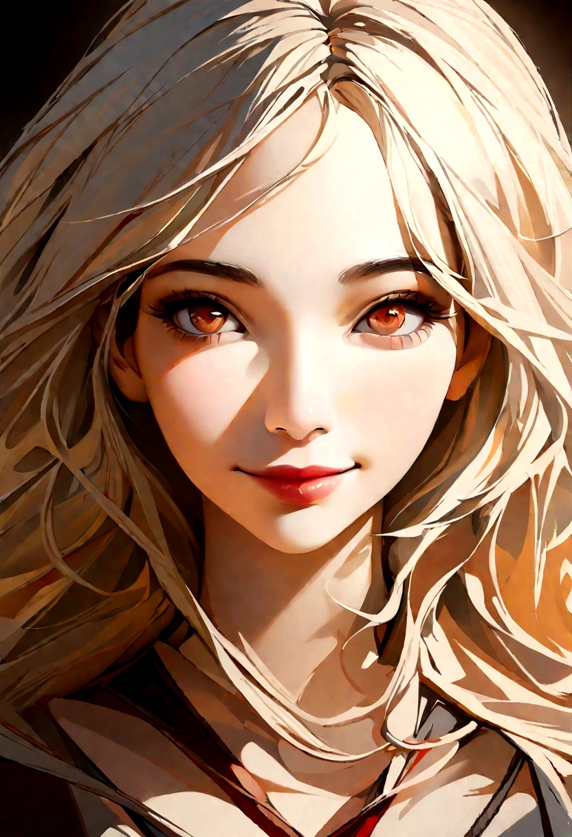 Woman's face, long light hair, smiling, the sun is red, (digital painting, conceptual art, smooth, sharp focus, complex parts, close-up, masterpiece: 1.2)