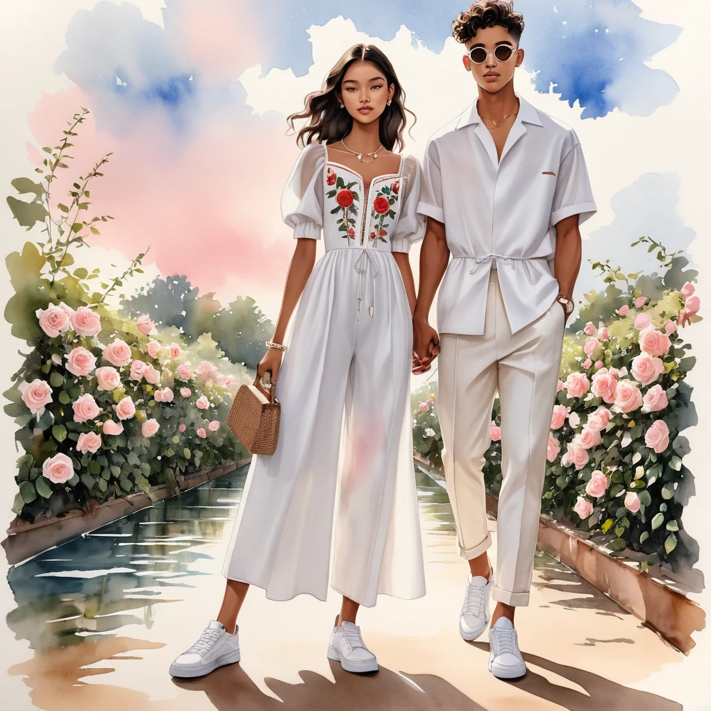 candid fashion illustration of young Mixed race man and woman, both aged 18 year old, ((showcase fashion look book in a rose and White linen outfits)), the design inspired Rose flower, in elegant young chic bohemian style. The man wears an oversized short-sleeved bowling white shirt with a minimal embroidery details, paired with relaxed-fit white Sports pants with Drawstring, He completes his look with white sneakers, round glasses. The woman complements him in a white Calf-length fitted dress in a cotton crêpe weave with a sweetheart neckline, smocked section at the back and a concealed zip at one side. Elbow-length, organza-filled balloon sleeves with covered elasticities over the shoulders and at the cuffs, Her ensemble includes an accessorizes with a brimmed straw bag, wood necklace and white sneakers and necklace. Captured in a low angle, ((full-body image)), ((light rose flower in water color background)), sketching, realistic drawing, ((imperfect water color drawing)), fashion look book, fashion illustrator, sketch design,