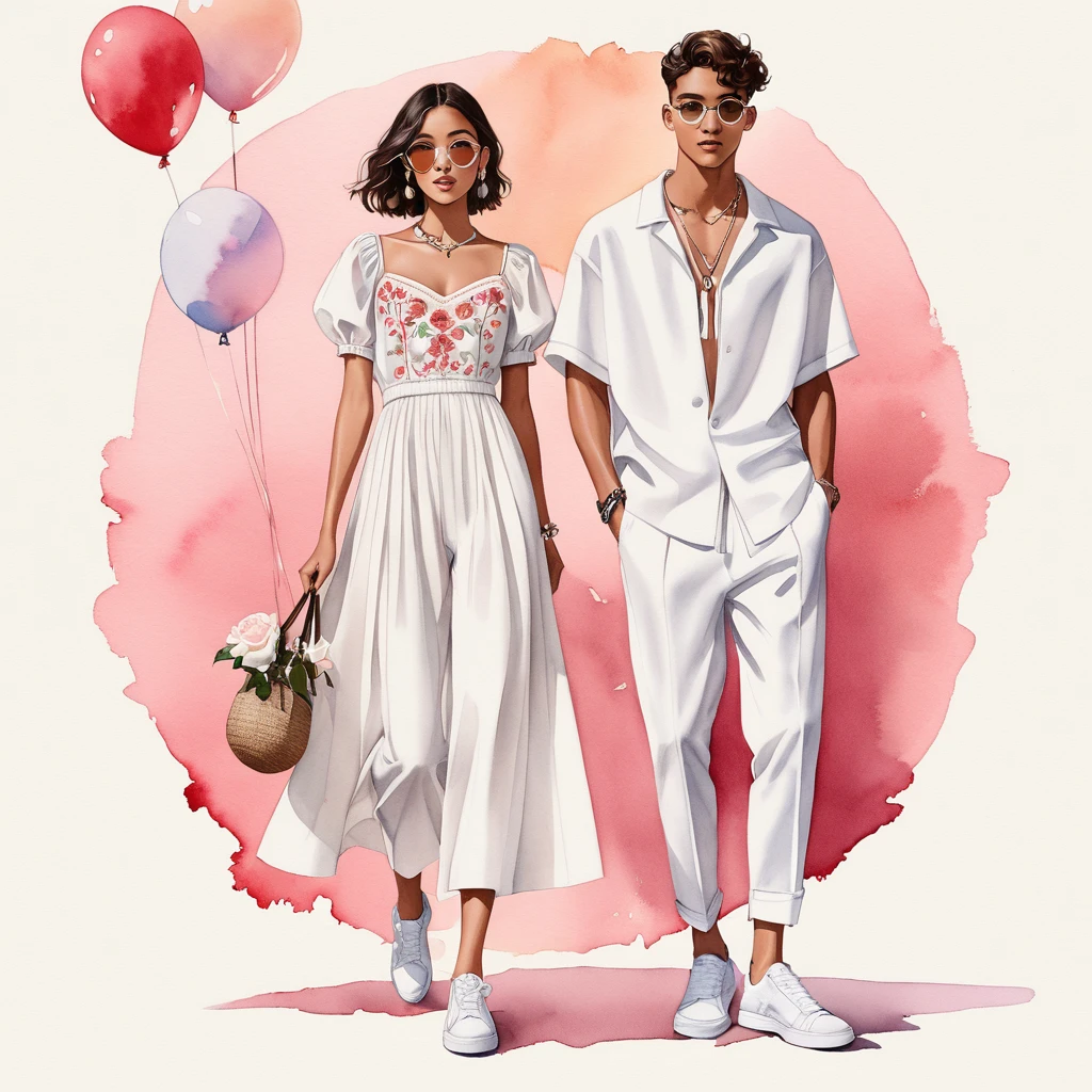 candid fashion illustration of young Mixed race man and woman, both aged 18 year old, ((showcase fashion look book in a rose and White linen outfits)), the design inspired Rose flower, in elegant young chic bohemian style. The man wears an oversized short-sleeved bowling white shirt with a minimal embroidery details, paired with relaxed-fit white Sports pants with Drawstring, He completes his look with white sneakers, round glasses. The woman complements him in a white Calf-length fitted dress in a cotton crêpe weave with a sweetheart neckline, smocked section at the back and a concealed zip at one side. Elbow-length, organza-filled balloon sleeves with covered elasticities over the shoulders and at the cuffs, Her ensemble includes an accessorizes with a brimmed straw bag, wood necklace and white sneakers and necklace. Captured in a low angle, ((full-body image)), ((light rose flower in water color background)), sketching, realistic drawing, ((imperfect water color drawing)), fashion look book, fashion illustrator, sketch design, 