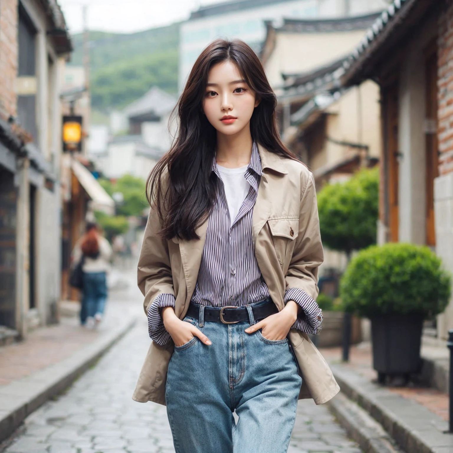 Beautiful young Korean female walking confidently down a cobblestone street in casual, stylish outfits with jackets, shirts, and jeans, medium chest. The backdrop is a vintage urban setting with buildings and greenery, blending modern style with a cool urban vibe.