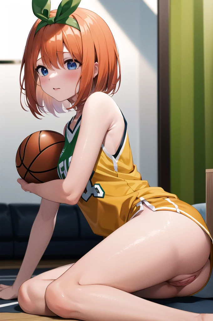 masterpiece, best quality, highres, aayotsuba, short hair, hair ribbon, green ribbon, hairband, basketball uniform,,nsfw,vaginal,sex