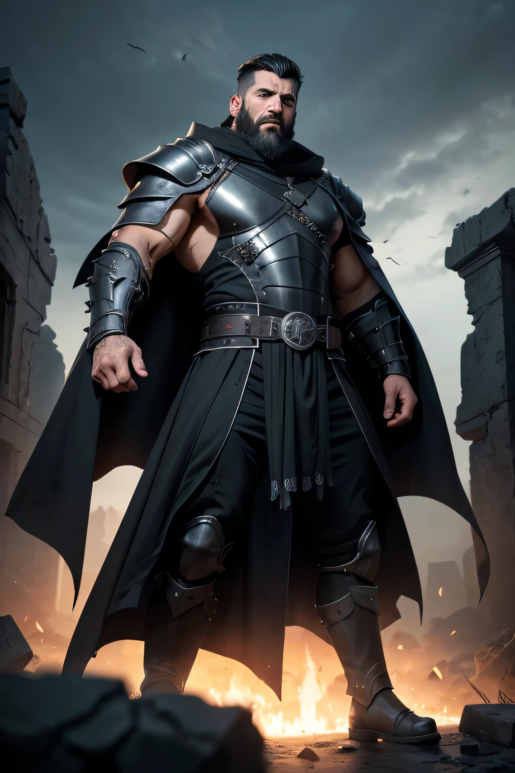 8K, high definition, high quality, highly detailed) Handsome Necromancer daddy. hyper-masculine. super muscular. gray eyes. full beard. wearing a half-plate armor. long black cape. summoning spirits. chanting. jet-black palette. dusk. desolate ruins on the background. blurred background.