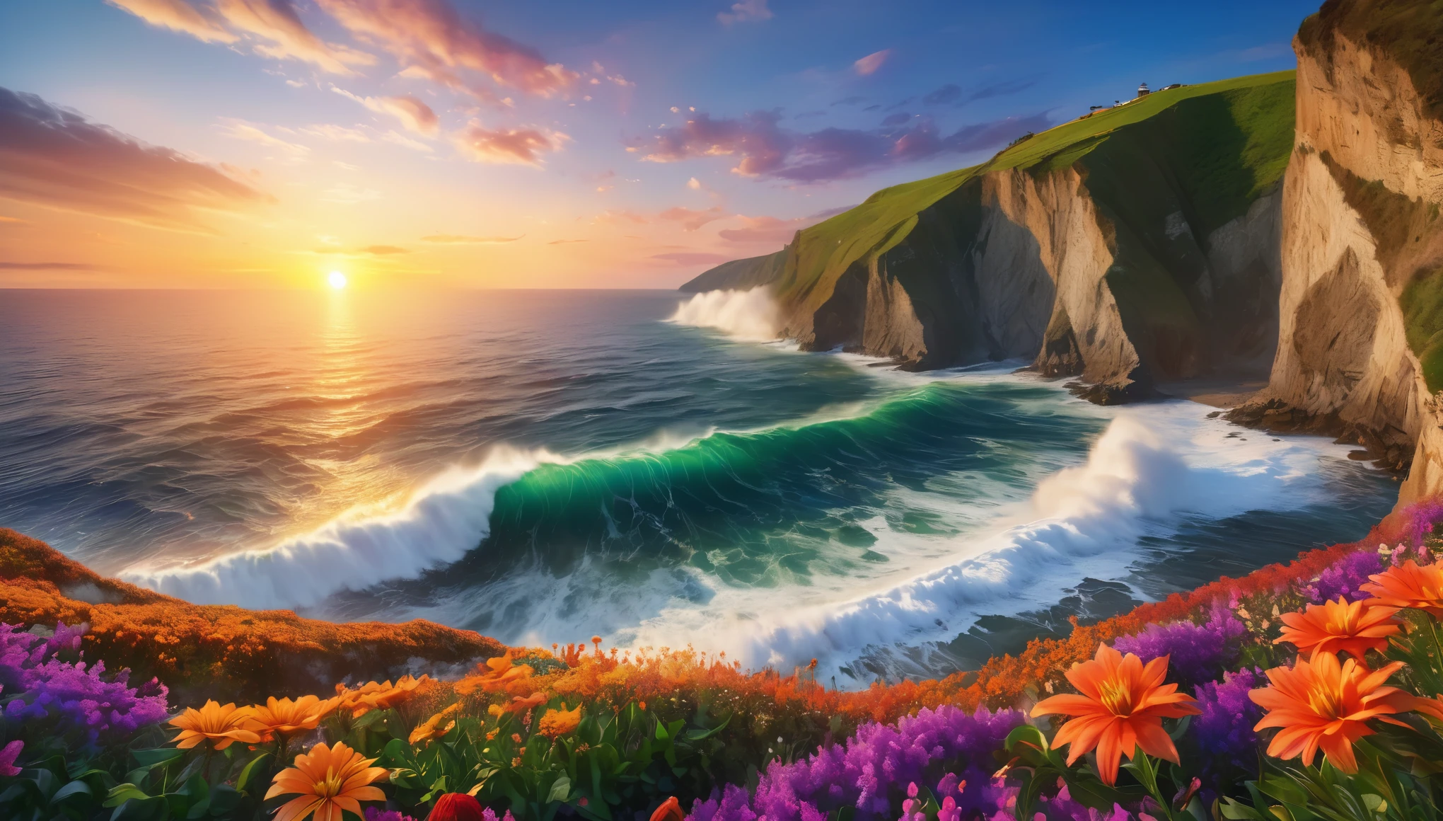 beautiful sunset seascape, big waves crashing against the cliff, colorful flowers blooming on the cliff (masterpiece, ultra quality, high resolution, 8k, intricate: 1.2), (masterpiece), (best quality:1)