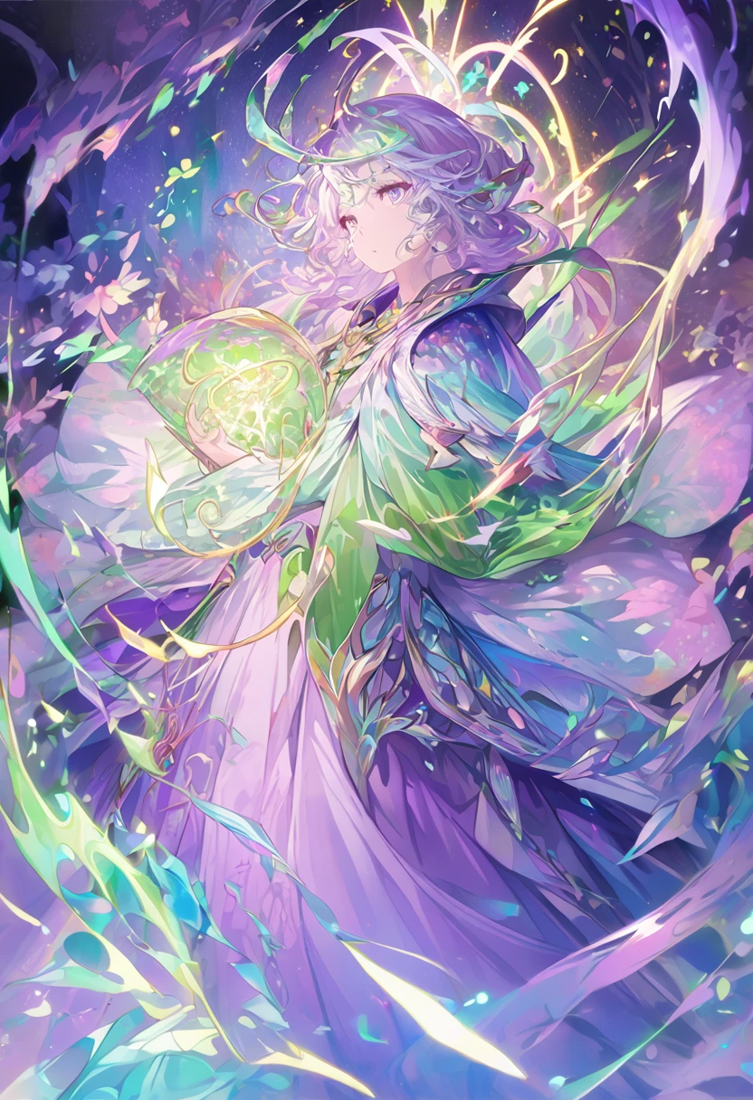 A mesmerizingly enigmatic sorcerer, his every movement a symphony of magic and mystery: flowing robes in shifting hues of opalescent greens and purples, swirling tendrils of shimmering energy emanating from his fingertips. The digital painting captures this spellbinding figure in intricate detail, each pixel finely crafted to convey a sense of otherworldly power and grace. The illusionary mage is the central focus of the image, his presence drawing viewers into a realm of wonder and enchantment. anime girl , close up