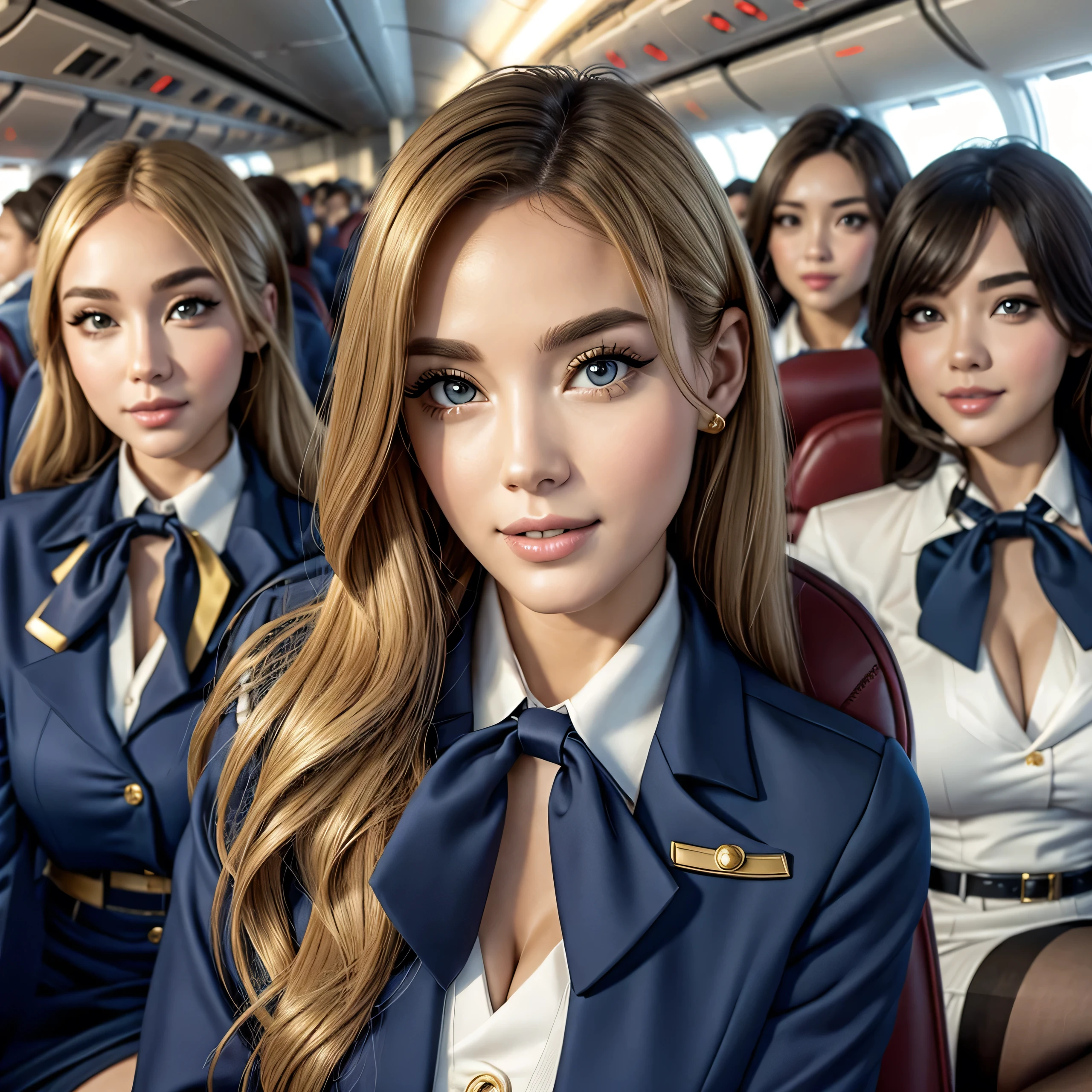 (best quality, masterpiece:1.5), (ultra-detailed, realistic:1.37),4K,(4woman:1.5),American,cute,beautiful,(Air hostess:1.3),stewardess,(miniskirt),(black pantyhose:1.2),(gold hair),smile,sitting,