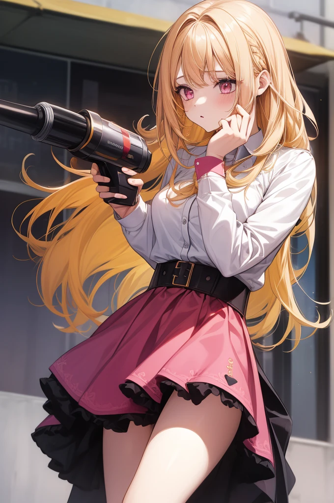 1girl, masterpiece, highquality, yellow hair, pink eyes, ong hair, cute outfit, skirt, cute pose, magazine, long hair, model, hair dryer