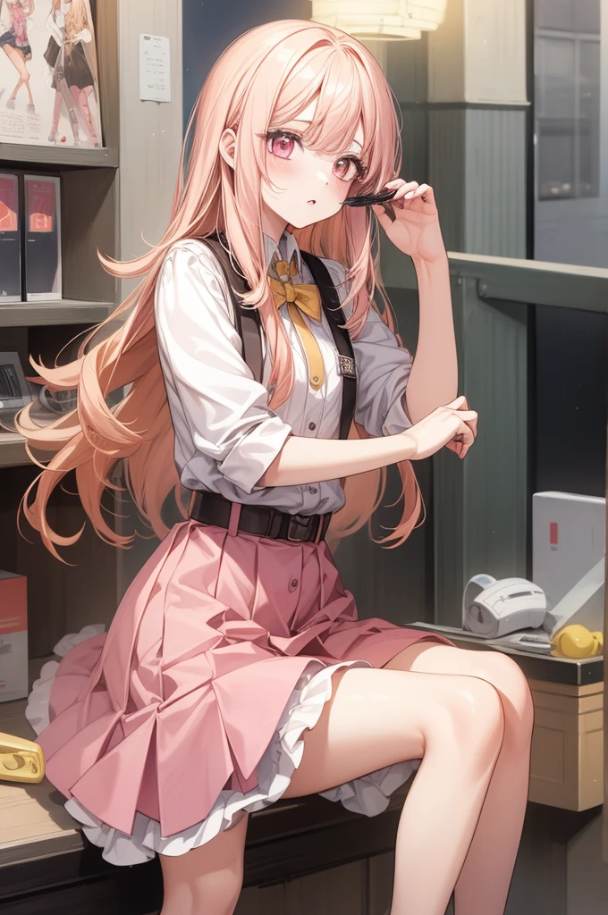 1girl, masterpiece, highquality, yellow hair, pink eyes, ong hair, cute outfit, skirt, cute pose, magazine, long hair, model, hair dryer