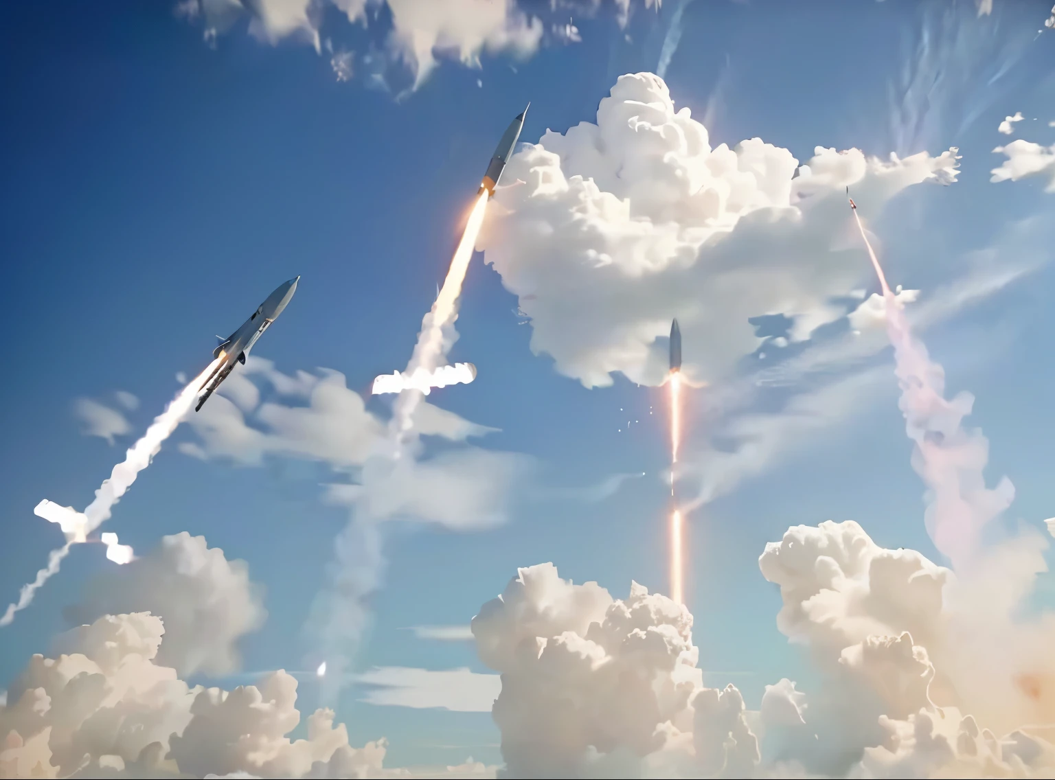 four Rocket are flying in formation in the sky with smoke coming out of them, missile, missile explosions in the sky, , 巡航missile袭击, launch tracking missile, intercontinental, armor piercing missile, Rocket发射 into the sky, Rocket, Miss the turret, Sino-US space war, Start the test, Bombs fell from the sky, Rocket发射