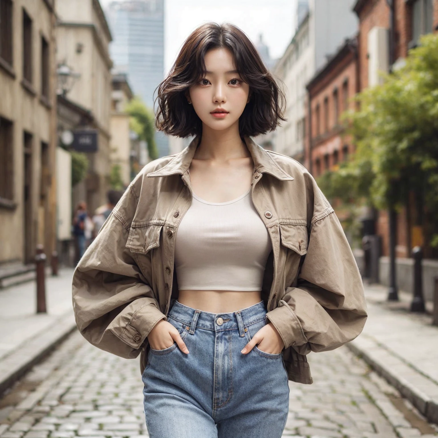 Beautiful young Korean female walking confidently down a cobblestone street in casual, stylish outfits with jackets, shirts, and jeans, medium chest. The backdrop is a vintage urban setting with buildings and greenery, blending modern style with a cool urban vibe.