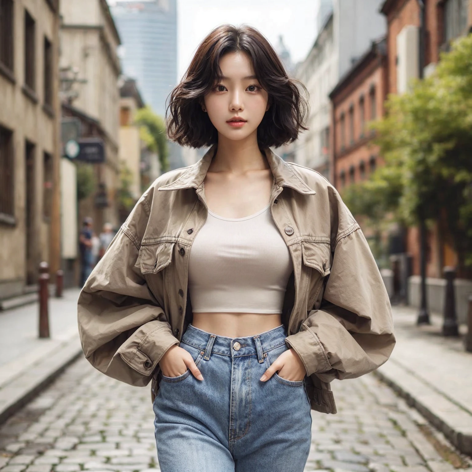 Beautiful young Korean female walking confidently down a cobblestone street in casual, stylish outfits with jackets, shirts, and jeans, medium chest. The backdrop is a vintage urban setting with buildings and greenery, blending modern style with a cool urban vibe.