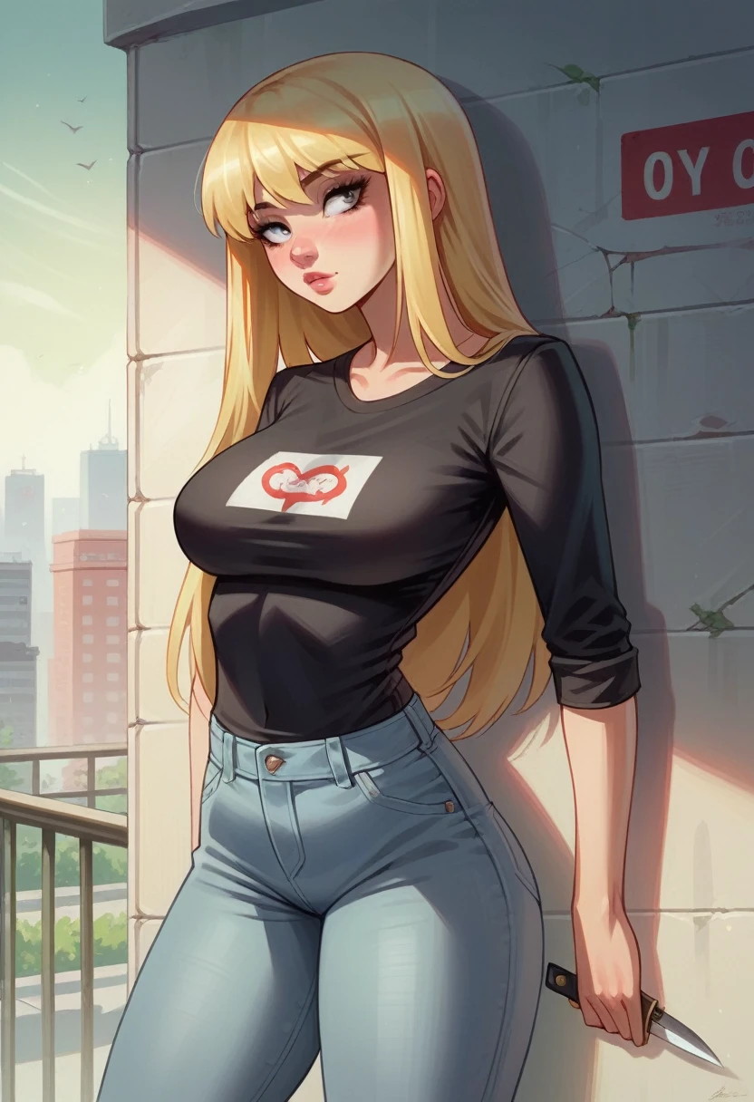 With a knife and a black shirt、Blonde woman leaning against a yellow wall, blonde Anime Girls with long hair, City Girl Fan Art, Gweiz-style artwork, Ilya Kuvshinov with long hair, Blonde girl, Gwen Stacy, Lostland Style, Anime-style illustrations, Digital anime illustration, modern anime style, Anime Girls, Digital anime art