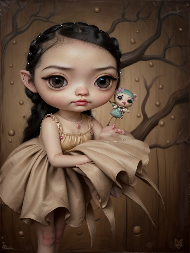 Painting of a girl with deer antlers on her head, Estilo Mark Ryden, Mark Ryden muy detallado, Estilo de Mark Ryden, Naoto Hattori, Surrealismo pop lowbrow, Mark Ryden en el estilo de, benjamin lacombe, Earley, Surrealismo pop Lowbrow Art Style, Arte lowbrow, por Mark Ryden, cute and beautiful, with puppet on their hands, cute, playing the puppet on their hands, cute, with eye bags, modern dress, painting, lowbrow chibi, sack puppet dog,