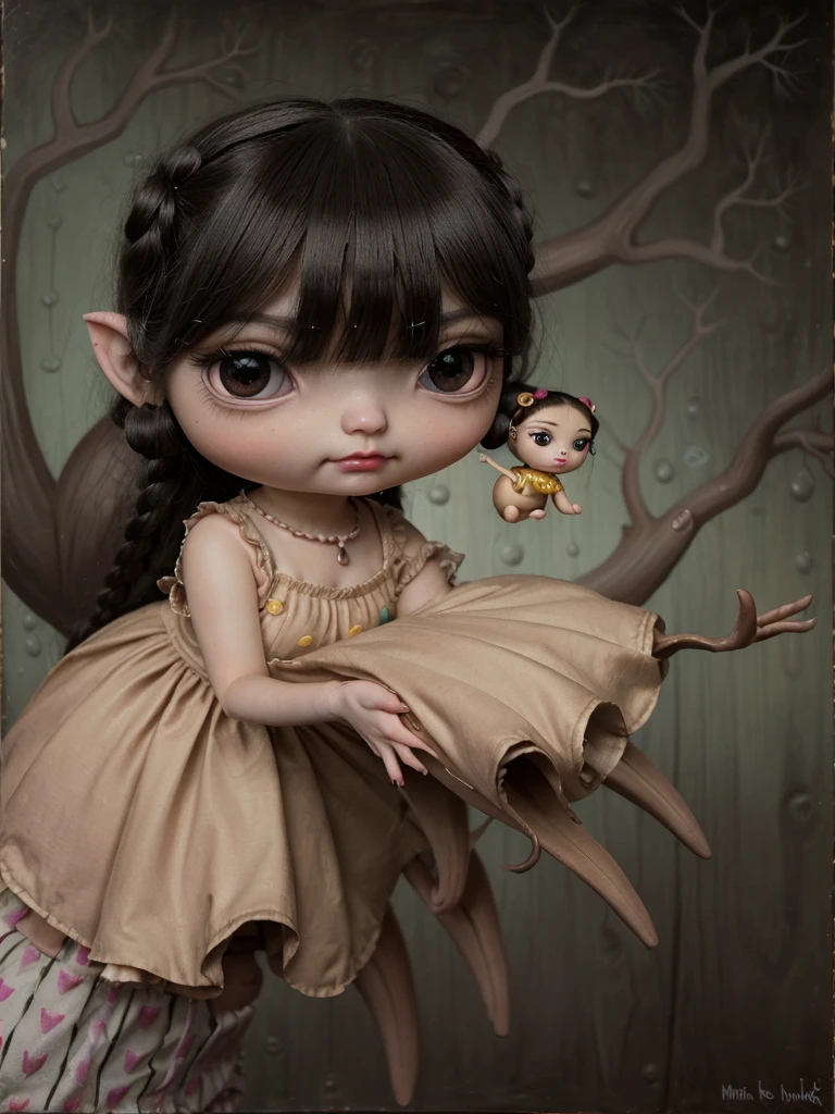 Painting of a girl with deer antlers on her head, Estilo Mark Ryden, Mark Ryden muy detallado, Estilo de Mark Ryden, Naoto Hattori, Surrealismo pop lowbrow, Mark Ryden en el estilo de, benjamin lacombe, Earley, Surrealismo pop Lowbrow Art Style, Arte lowbrow, por Mark Ryden, cute and beautiful, with puppet on their hands, cute, playing the puppet on their hands, cute, with eye bags, modern dress, painting, lowbrow chibi, sack puppet dog,