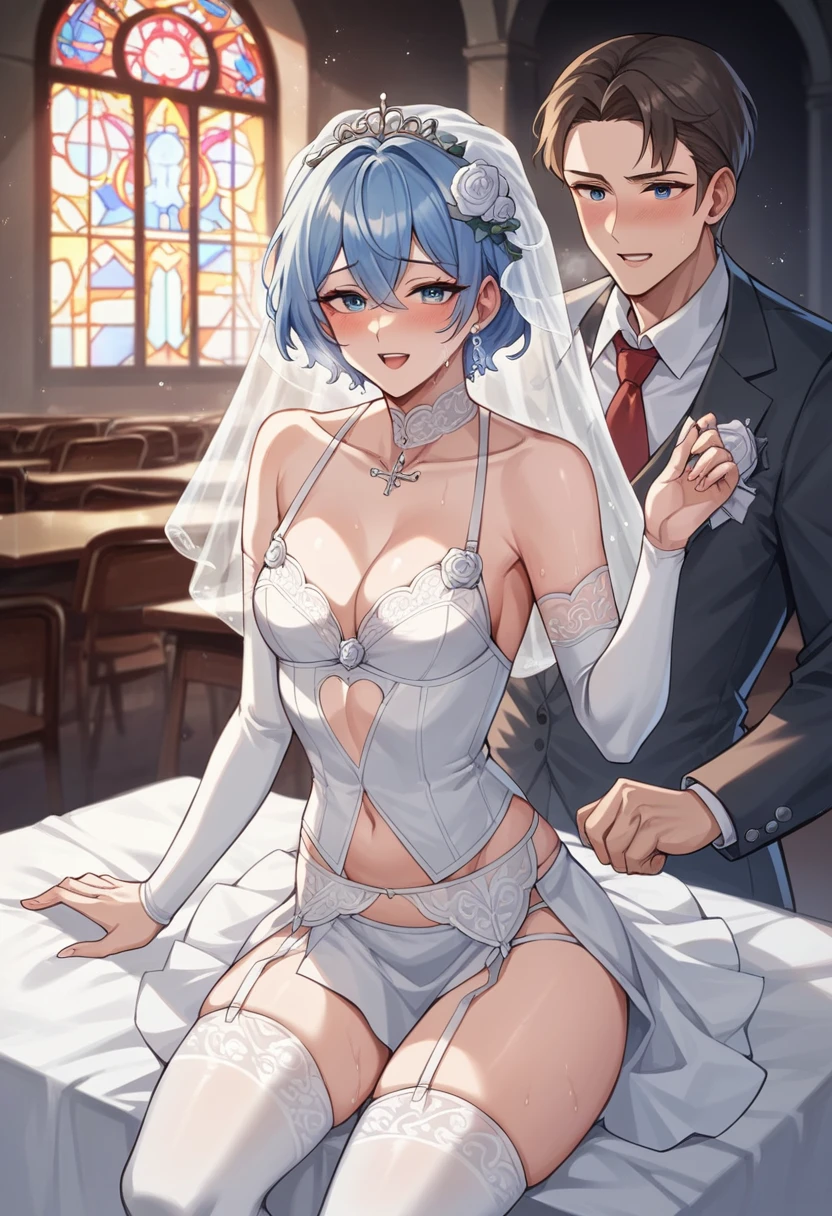 a father (he had been brainwashing by his second son,crossdressing,Sex with his second son every day, wear sexy Wedding lingerie,bride of his second son,have one's first night,,swear live as the wife of his second son for life) ,an empty abandoned church,in front of the confessional table