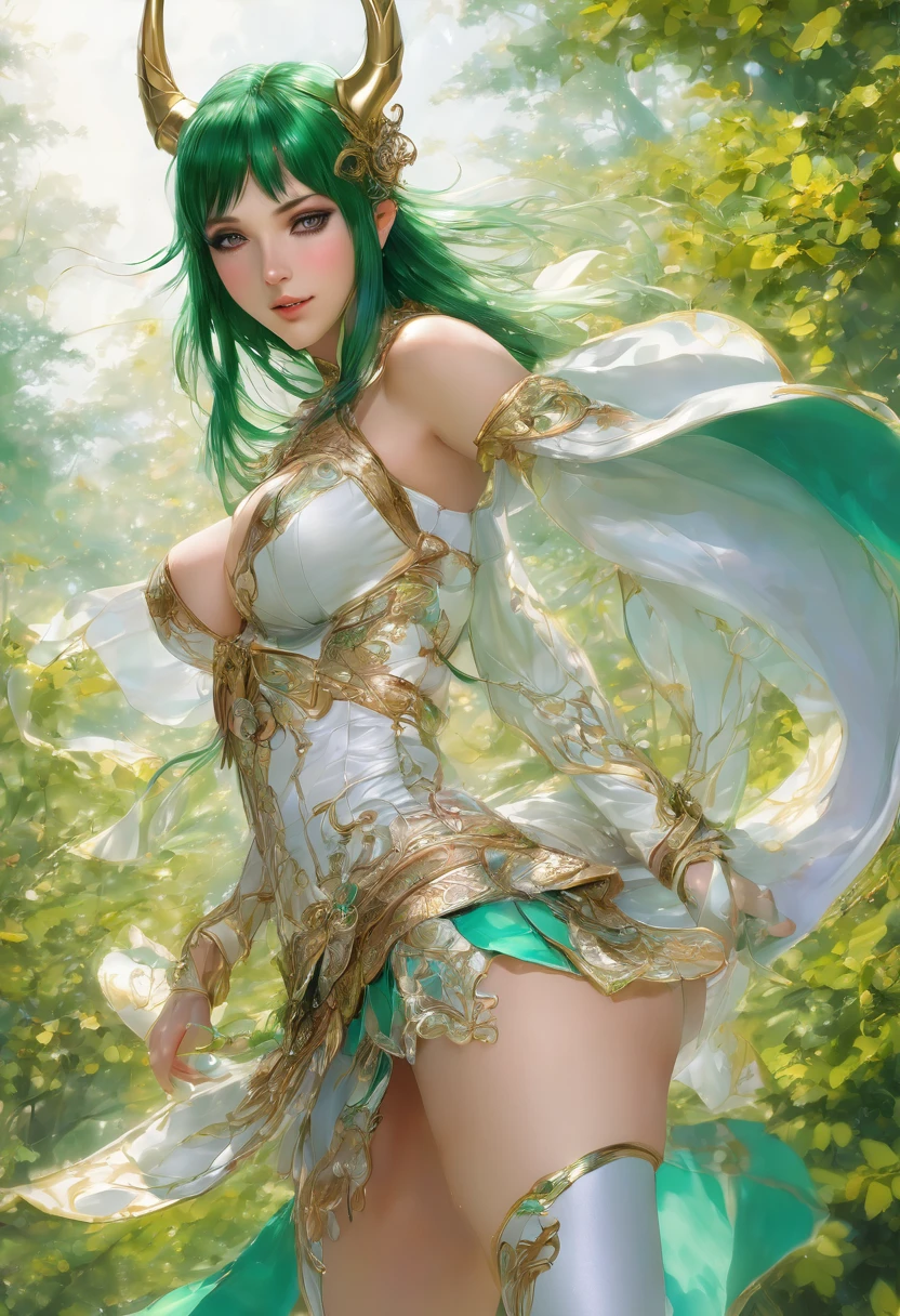 masterpiece, Highest quality, Very detailed, High resolution, An expensive solution, High resolution, masterpiece, depth, Fine texture, Highest quality, Total concentration, (very pretty anime Elf Girl), (Beautiful Gothic Elf Woman, Young Elves, Elf Girl, pretty girl, Young girl),Has horns on its headがある, Grin, smile, (Sexy underwear with beautiful details ), Light green eyes, Long eyelashes, eyeliner, Tight waist, ( Dark green hair), (Light Hair, Long Hair), bangs, Gradient Hair), Shiny Hair, Forest as a background, Fantasy art, High quality detailed art, A fusion of realism and colorful fantasy, Gothic art style, Fantasy art style, a beautiful fantasy Young Elves, CGI anime Fantasy artwork, charm, Seductive posture, Vibrant colors, 自信に満ちたsmile, gentle smile, Beautiful attention to detail, Beautiful lip detail, Very detailed目と顔, Long eyelashes, Vibrant colors, Professional, Very detailedな, Intricate details, Volumetric lighting, Lens flare, particle,(White and platinum color scheme), mysterious, mysteriousな.Has horns on its head