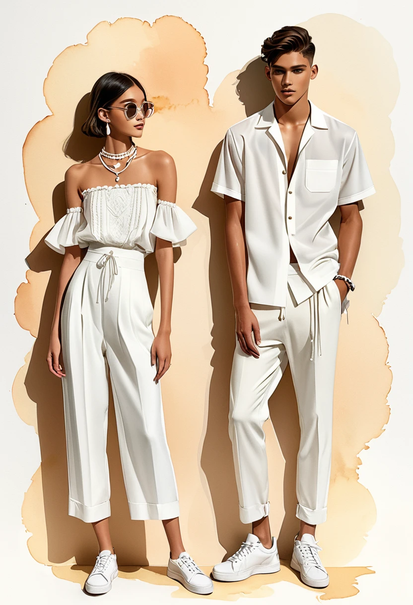 candid fashion illustration of young Mixed race man and woman, both aged 18 year old, ((showcase fashion look book in a Black and White rayon outfits)), inspired by BACKSTAGE resort collection 2023 in elegant young chic bohemian style. The man wears an oversized short-sleeved bowling white shirt with a minimal embroidery details, paired with relaxed-fit white Sports pants with Drawstring, He completes his look with white sneakers, round glasses. The woman complements him in a white Calf-length, fitted dress in a cotton crêpe weave with a sweetheart neckline, smocked section at the back and a concealed zip at one side. Elbow-length, organza-filled balloon sleeves with covered elastication over the shoulders and at the cuffs, Smocked details to creating gathers technique, Her ensemble includes an accessorizes with a brimmed straw bag, wood necklace and white sneakers and necklace. Captured in a low angle, ((full-body image)), ((light rose flower water color background)), sketching, realistic drawing, ((imperfect water color drawing)), fashion look book, fashion illustrator, sketch design,