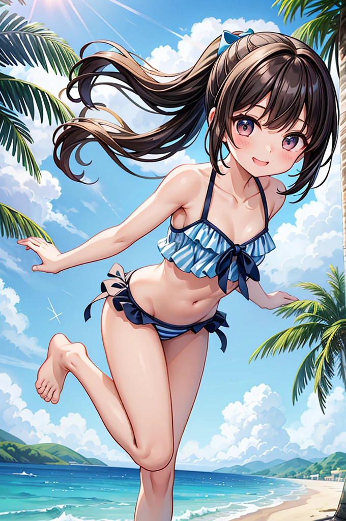 Highest quality、High resolution、Detailed Background、Beautiful face in every detail、Teenage Beauty、cuteカラーの髪色、Brown Hair、Black Hair、Bobcut、ponytail、Twin tails、Big smile、boost mood、 Summer sun、Shining Sea、Walking on the beach、Enjoying water sports at the beach、Take off your sandals and jump into the sea、Running around holding hands with friends、Smiles and innocent play、Endless blue sky and sea、Eternal summer memories、 (Innocent girls playing:1.5)、 Brightly colored frilled bikini、Cute frill bikini、striped one piece swimsuit、Ribbon design tankini、Floral Bikini、Floral and tropical bikini、The design is simple but, the pattern creates a cute look.、cute
