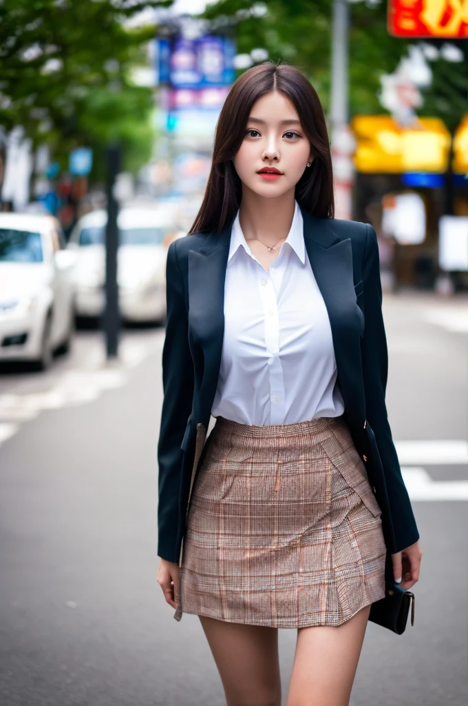 a 16 year old girl, she is the most beautiful actress in the world, the perfect body proportions of this girl, the tightly closed blazer is buttoned up on the formal shirt which is worn on her large breasts, her crotch area of the panties are hardly hidden by the short skirt, her bare legs, it's just the front of her body, she is standing straight at the street, nsfw, best quality, highly detailed, masterpiece, ultra high res, photo realistic, 8k, RAW photo