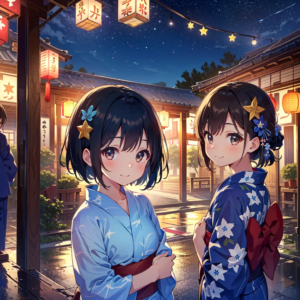 Masterpiece, top quality, 1 girl, (((clothes blue yukata))), girl looks at the camera, 8 years old, (young: 1.8), big beautiful brown eyes, smile, in the city ,(((Star Festival)))