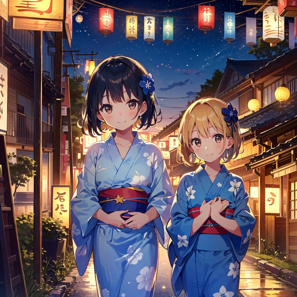 Masterpiece, top quality, 1 girl, (((clothes blue yukata))), girl looks at the camera, 8 years old, (young: 1.8), big beautiful brown eyes, smile, in the city ,(((Star Festival)))