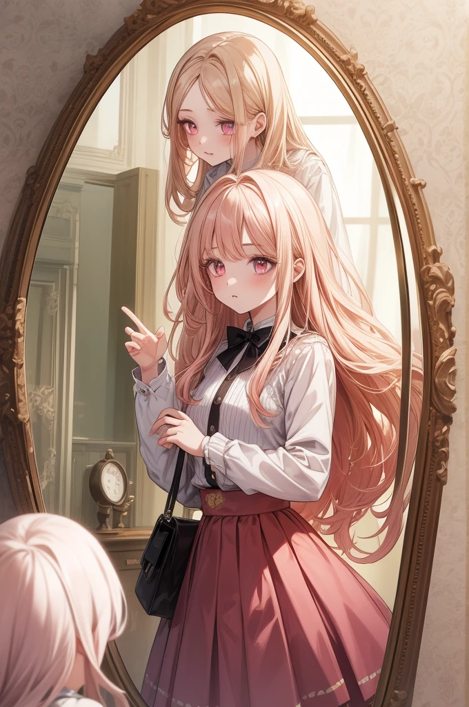 1girl, masterpiece, highquality, yellow hair, pink eyes, ong hair, cute outfit, skirt, cute pose, magazine, long hair, model, mirror