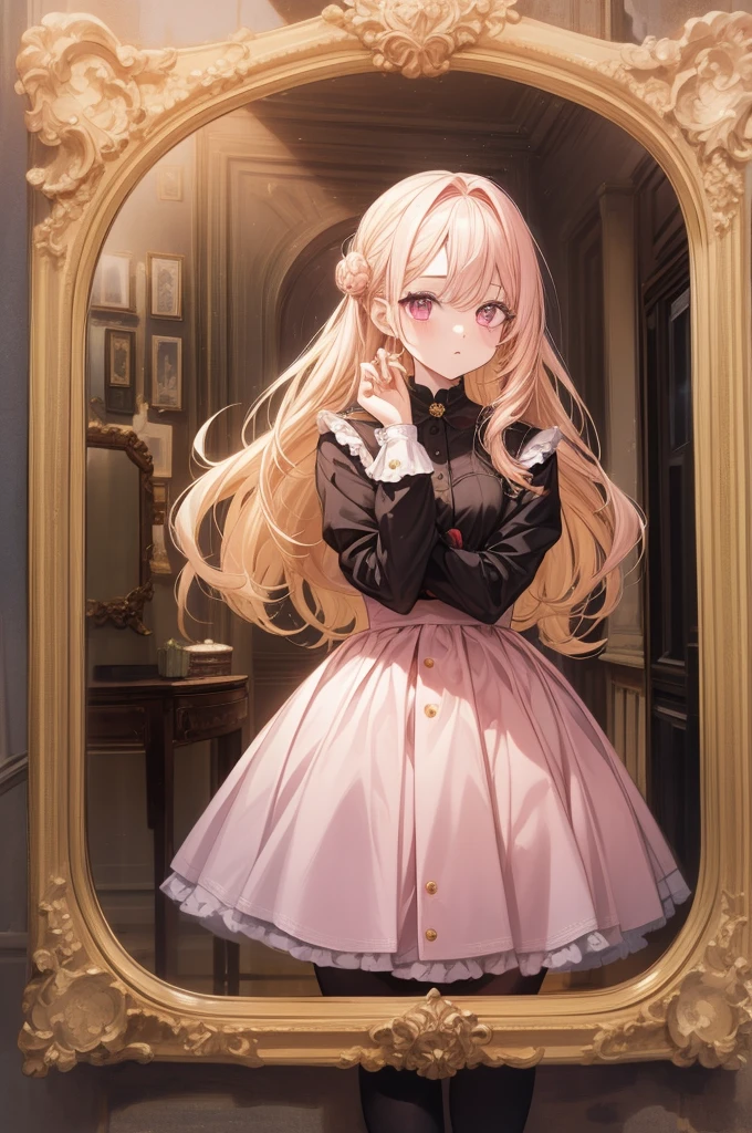 1girl, masterpiece, highquality, yellow hair, pink eyes, ong hair, cute outfit, skirt, cute pose, magazine, long hair, model, mirror