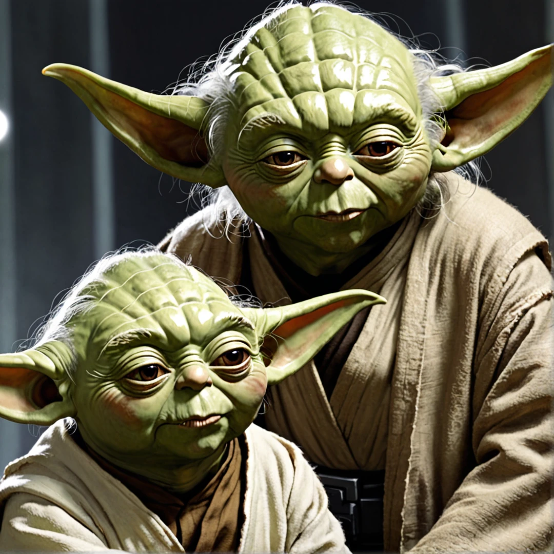 Close-up of Yoda's face during a lightsaber meditation, eyes closed in concentration, green skin illuminated by the whirring of the Jedi weapon, 50mmf/1.8 Lenses Emphasizing Spiritual Connection to the Force, 4k resolution.