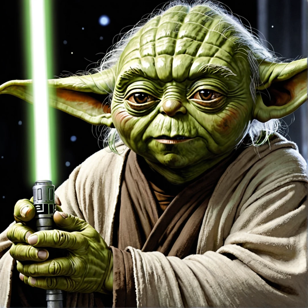 Close-up of Yoda's face during a lightsaber meditation, eyes closed in concentration, green skin illuminated by the whirring of the Jedi weapon, 50mmf/1.8 Lenses Emphasizing Spiritual Connection to the Force, 4k resolution.